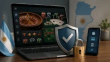Laptop con casino online, escudo de seguridad, candado y símbolos argentinos sobre un escritorio