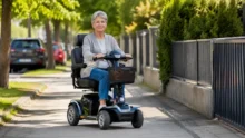 Older woman riding a four-wheel mobility scooter on a sunny sidewalk