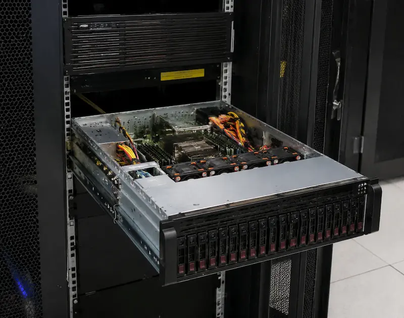 Servidor abierto dentro de un rack en un centro de datos
