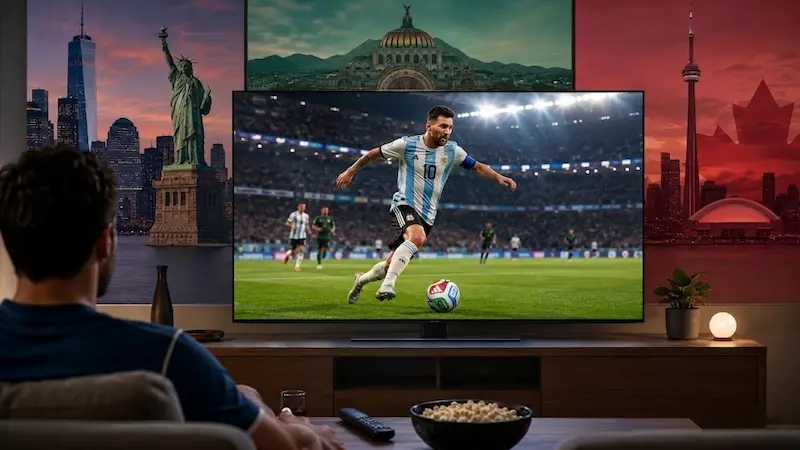 Persona mirando un partido de Argentina en una Smart TV con íconos de Estados Unidos, México y Canadá