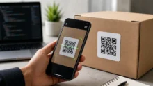 Smartphone scanning a QR code label on a cardboard box beside a laptop