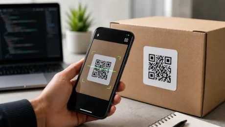 Smartphone scanning a QR code label on a cardboard box beside a laptop