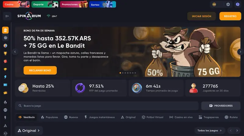 spinarium casino online Pantalla de Spinarium con bono de fin de semana, categorías de casino y buscador de juegos