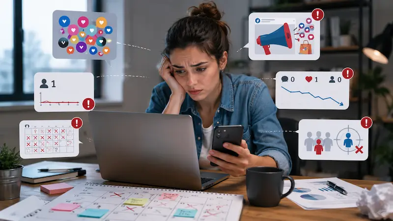 Concerned business owner reviewing low social media metrics on a laptop and phone