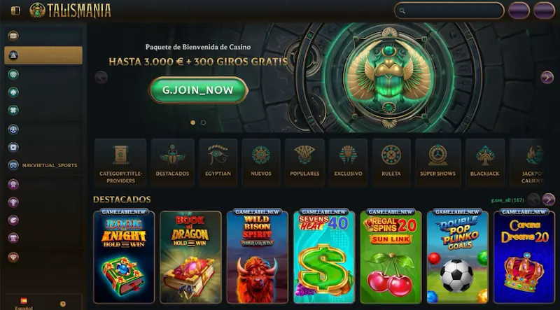 talismania casino online Pantalla de Talismania con bono de casino, menú lateral y juegos destacados