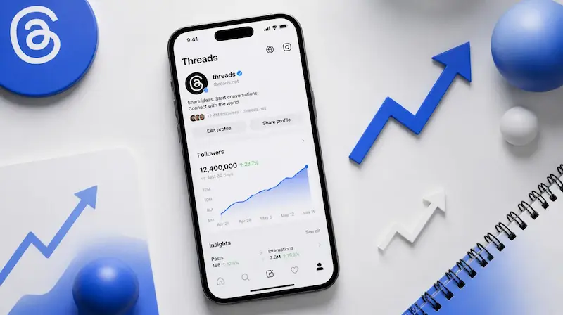 Smartphone showing a Threads profile with growth charts, blue arrows and social media icons