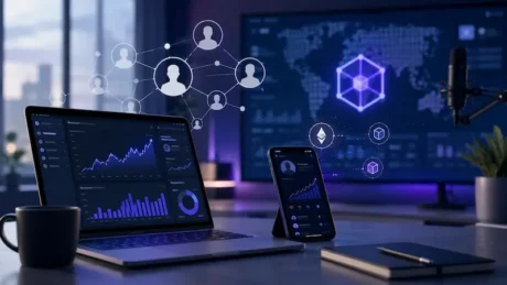 Laptop y celular con gráficos de crecimiento, redes de perfiles e íconos cripto en un escritorio moderno
