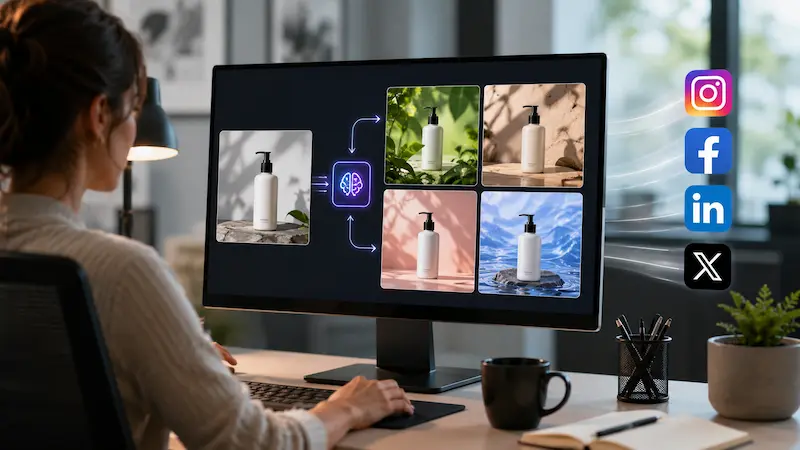 Marketer using AI to turn one product photo into several social media image variations