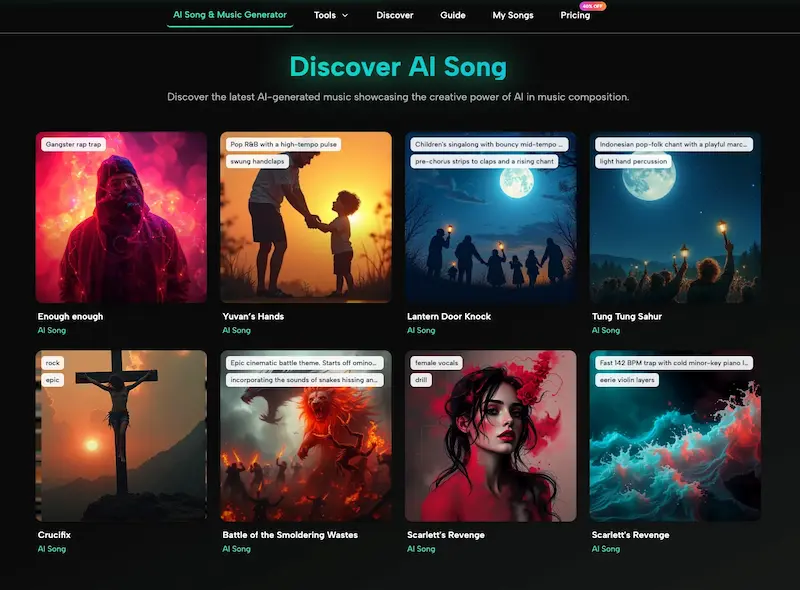 ai song discover generated music AI Song Discover page with a grid of AI-generated tracks in several genres