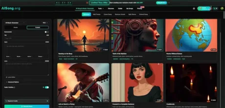 AI Song music generator dashboard with prompt controls and a grid of generated tracks