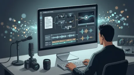Illustration of a creator editing video, audio and generated scenes in an AI workflow studio.