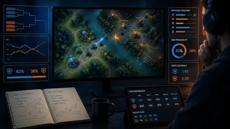 Analista observa una partida de esports con gráficos de rendimiento, probabilidades y cuotas en pantalla