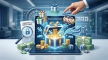 Ilustración de regalos, monedas, fichas, tragamonedas y términos de un bono de casino online