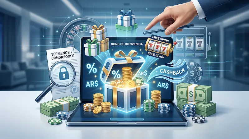 Ilustración de regalos, monedas, fichas, tragamonedas y términos de un bono de casino online