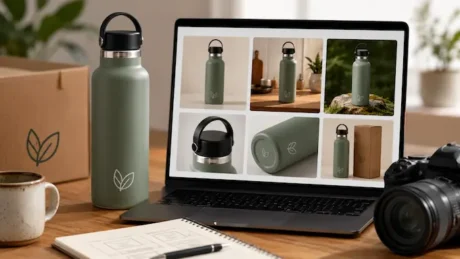 Botella verde junto a una laptop con distintas imágenes del mismo producto