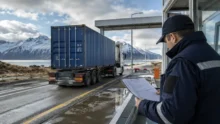 Agente aduanero revisa documentos junto a un camión con contenedor en un paso fronterizo patagónico