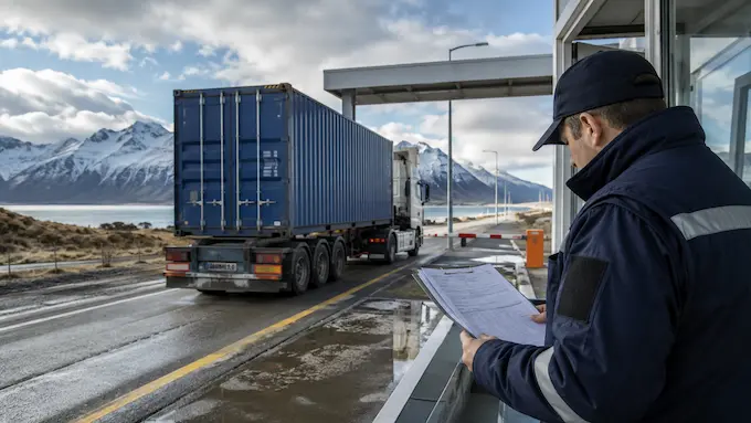 Agente aduanero revisa documentos junto a un camión con contenedor en un paso fronterizo patagónico