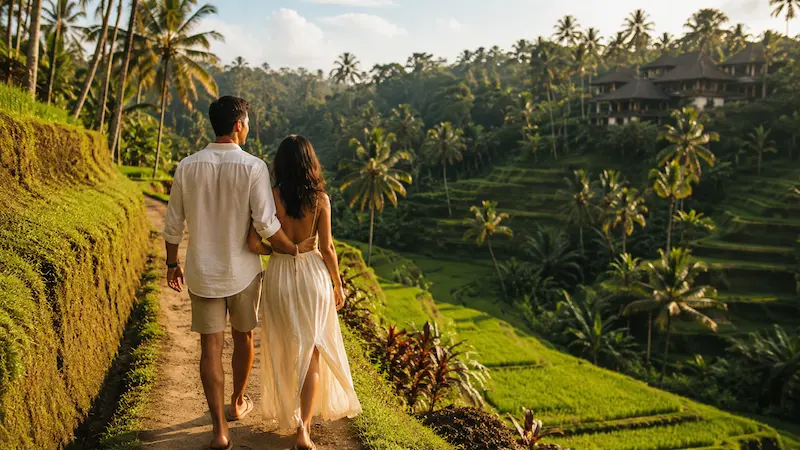 Couple walking along a path above Bali rice terraces and palm-covered hills