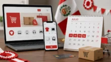 Laptop, celular y calendario de julio con los días 13 al 16 destacados junto a una bandera de Perú