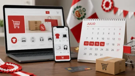 Laptop, celular y calendario de julio con los días 13 al 16 destacados junto a una bandera de Perú