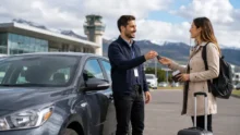 Agente entrega las llaves de un auto alquilado a una viajera con equipaje frente a un aeropuerto