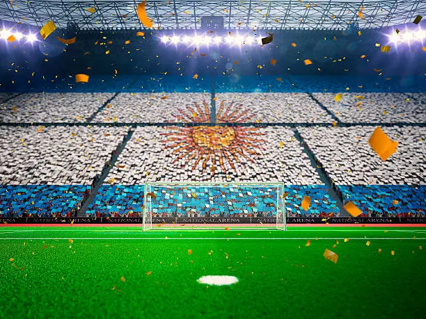 estadio bandera argentina confeti Tribunas colmadas con un mosaico de la bandera argentina y confeti sobre el campo.