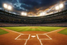 Estadio de béisbol al atardecer