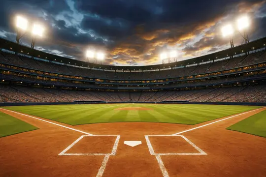 Estadio de béisbol al atardecer