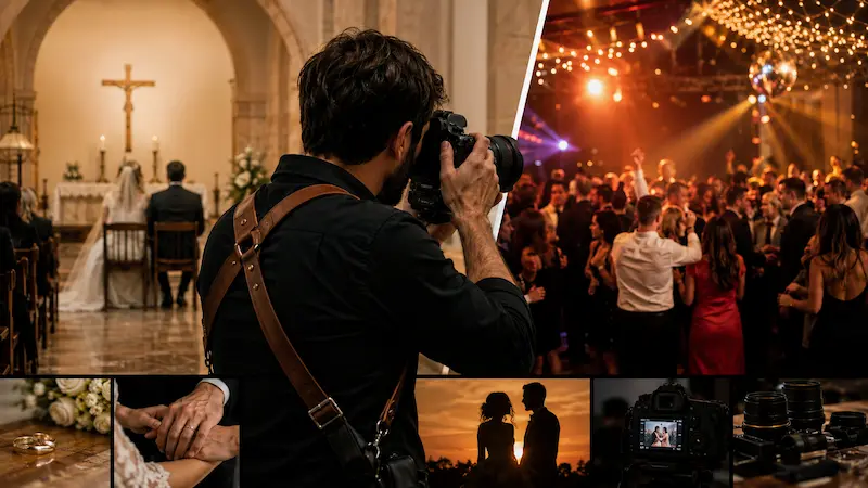 Fotógrafo profesional entre una ceremonia religiosa y una fiesta de bodas con invitados.