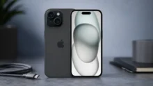 iPhone 15 negro de frente y de espaldas, con logo de Apple y cable USB-C