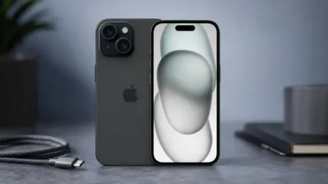 iPhone 15 negro de frente y de espaldas, con logo de Apple y cable USB-C