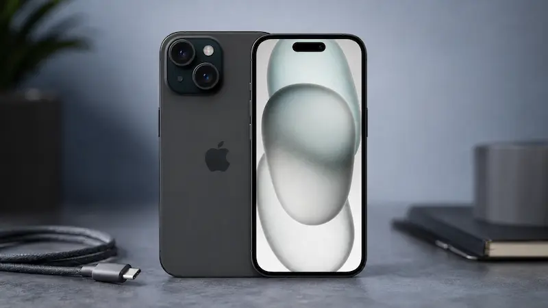 iPhone 15 negro de frente y de espaldas, con logo de Apple y cable USB-C
