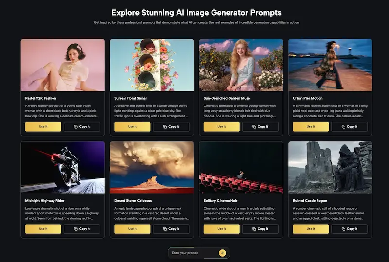 Kimg AI gallery with example prompts for portraits, landscapes, and cinematic scenes