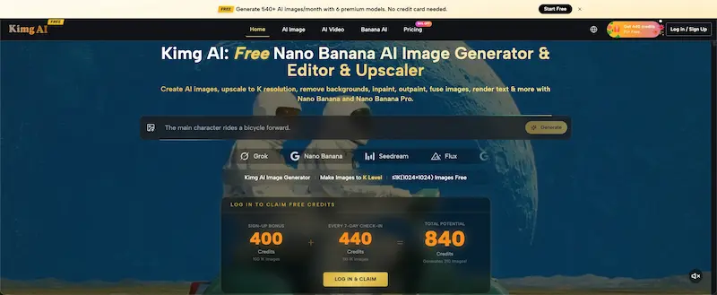 Kimg AI page with Nano Banana image generator and model selection options