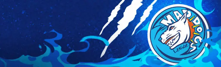 Logo de Mad Dogs League sobre un fondo azul con olas y marcas de garras