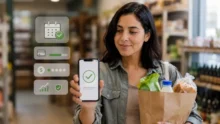 Mujer sostiene un celular y una bolsa de compras junto a iconos de calendario, crédito y pagos.