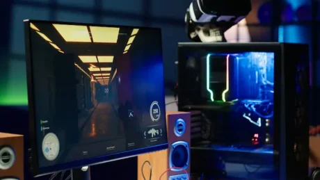 Monitor con videojuego en primera persona junto a una PC gamer iluminada y un visor de realidad virtual