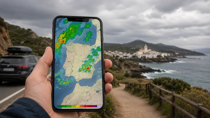Teléfono con un radar de lluvia sobre España frente a una ruta y una localidad costera bajo cielo nublado