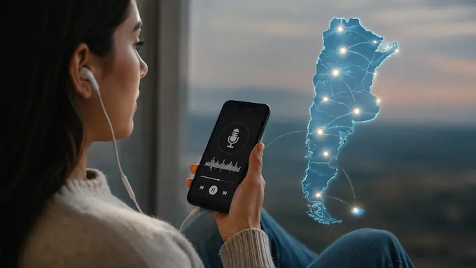 Mujer escucha radio online desde un celular junto a un mapa conectado de Argentina