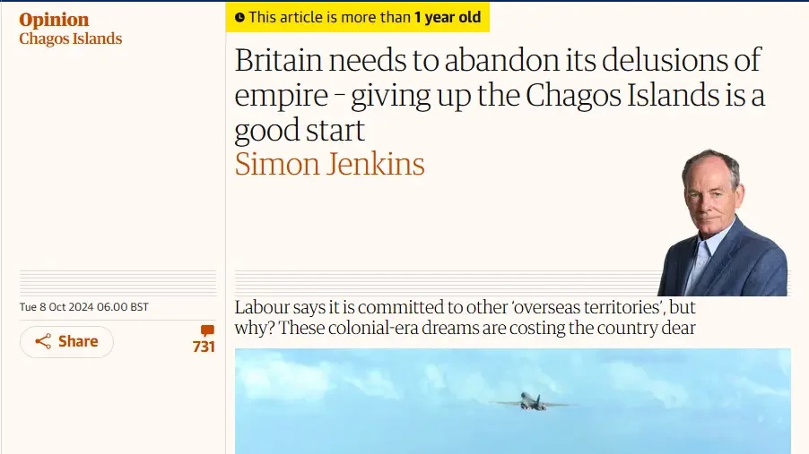 Captura de una columna de Simon Jenkins en The Guardian sobre el legado imperial británico y las islas Chagos