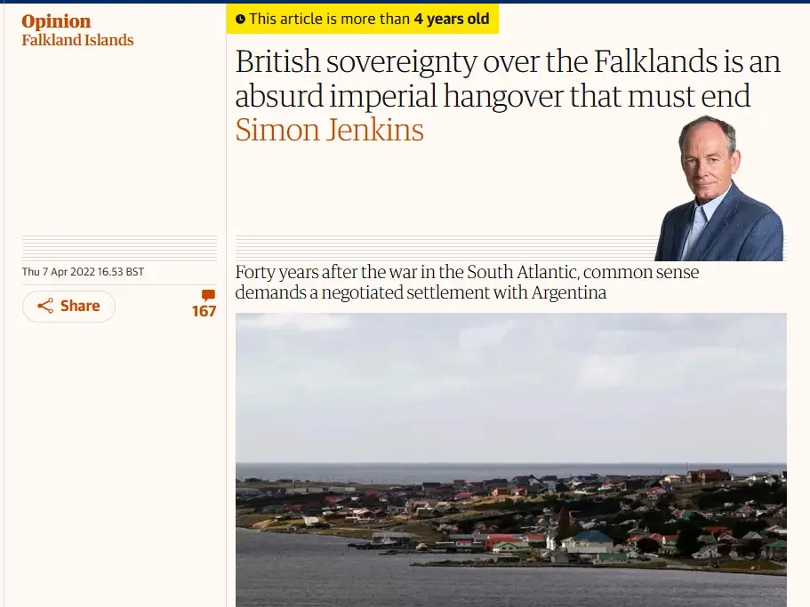 Captura de la columna de Simon Jenkins de 2022 que cuestionó la soberanía británica sobre las Malvinas