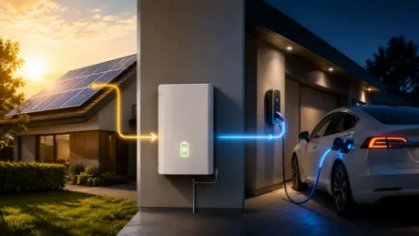 Home solar panels connected to a battery storage unit and an electric car charging at night