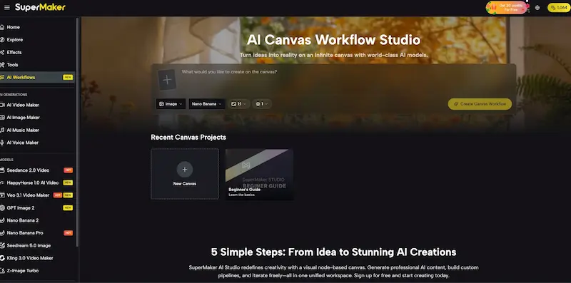 supermaker ai canvas workflow studio SuperMaker AI Canvas Workflow Studio dashboard with a prompt field and recent canvas projects.