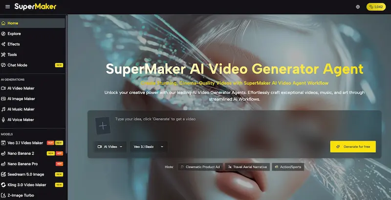 supermaker ai video generator agent SuperMaker AI Video Generator Agent interface with a prompt box, model selector and video preview.