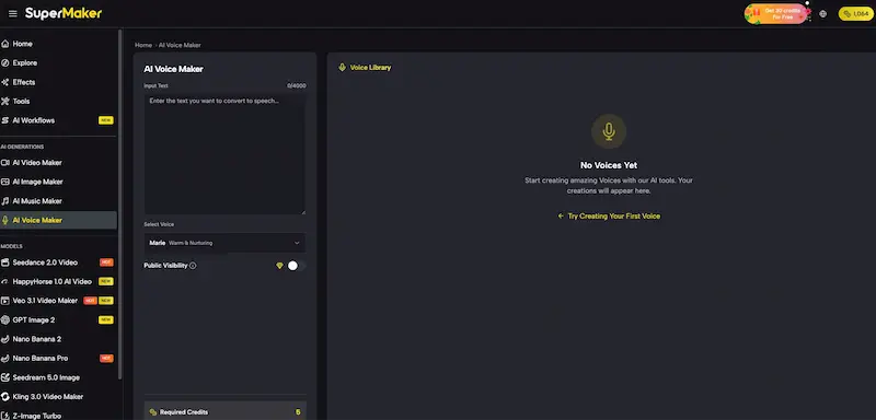supermaker ai voice maker interface SuperMaker AI Voice Maker interface with text input, voice selection and an empty voice library.