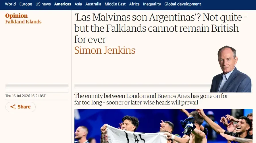 Captura de la columna de Simon Jenkins en The Guardian sobre las Malvinas publicada en julio de 2026