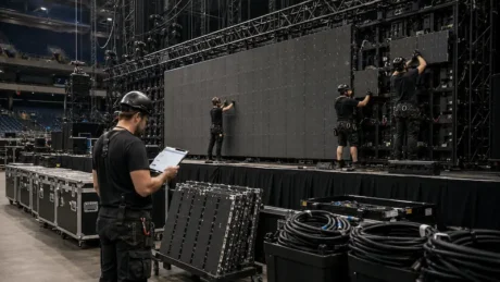 Crew members assembling a modular LED wall beside organized flight cases and cable bins in an arena.