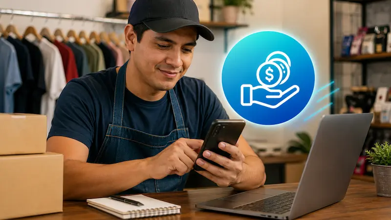 Trabajador independiente usa su celular junto a una laptop y cajas de mercadería en un pequeño comercio