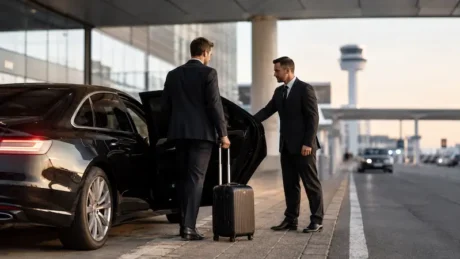 Conductor ejecutivo abre la puerta de un sedán a un pasajero con valija frente a una terminal aérea.