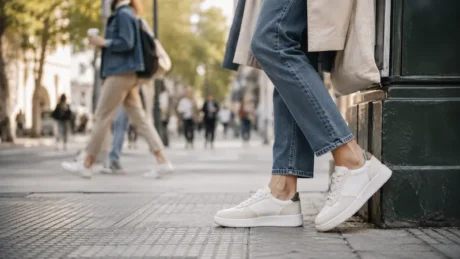Persona con jeans y zapatillas blancas en una vereda urbana con peatones al fondo